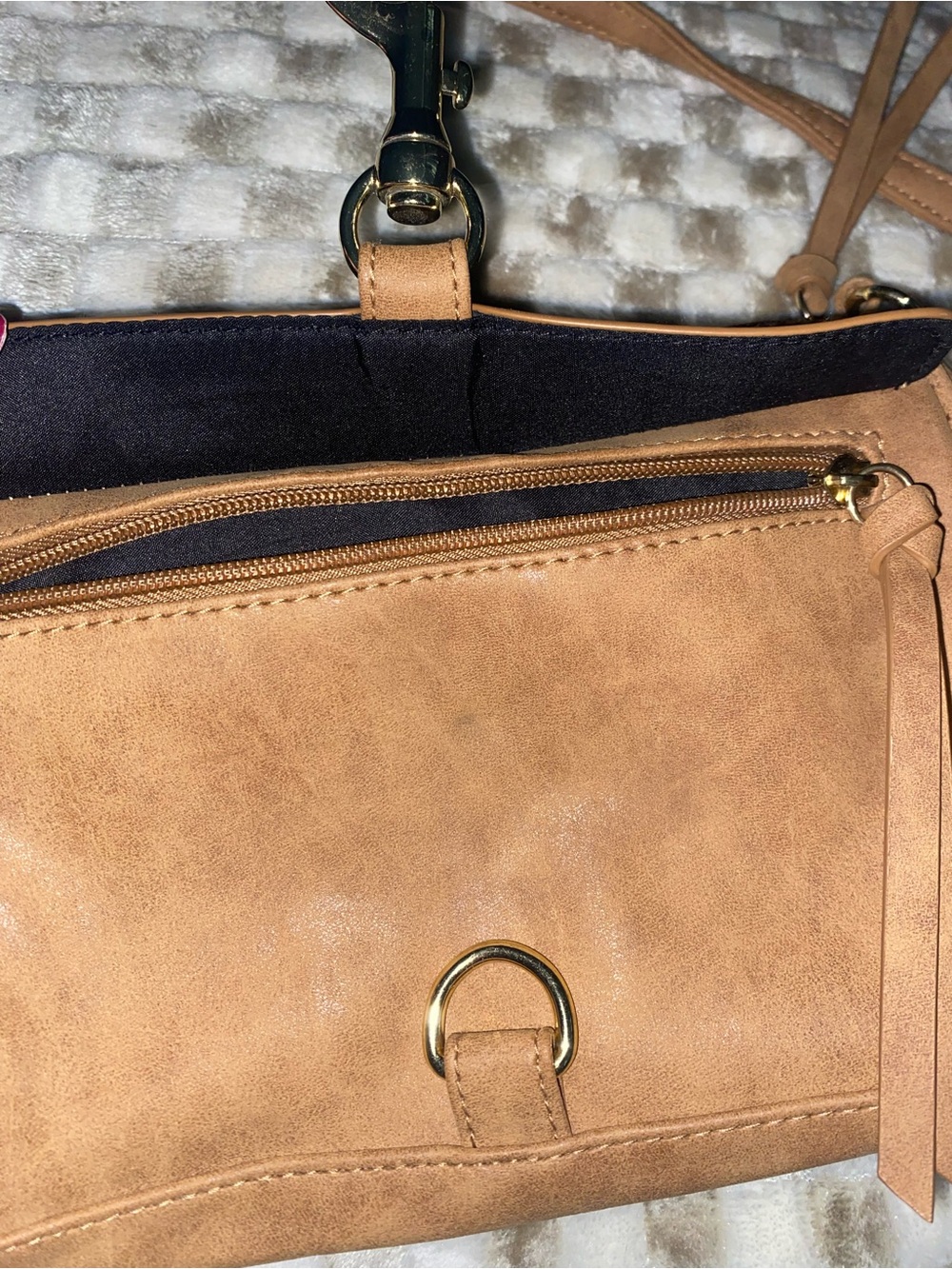 Brown suede crossbody bag with gold chain accents.   NEW - Picture 4 of 4